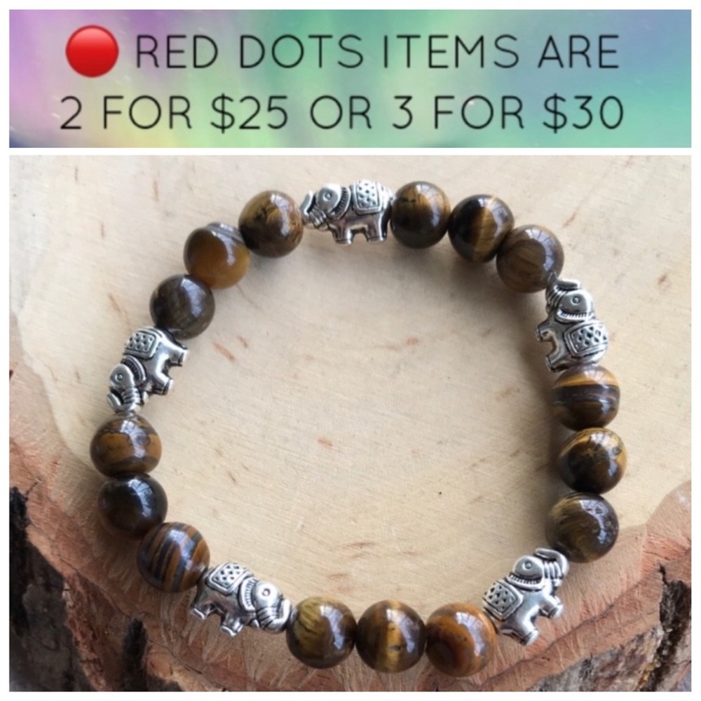 🔴 tiger eye elephant bracelet .silver plated elephants charms & gemstones beads